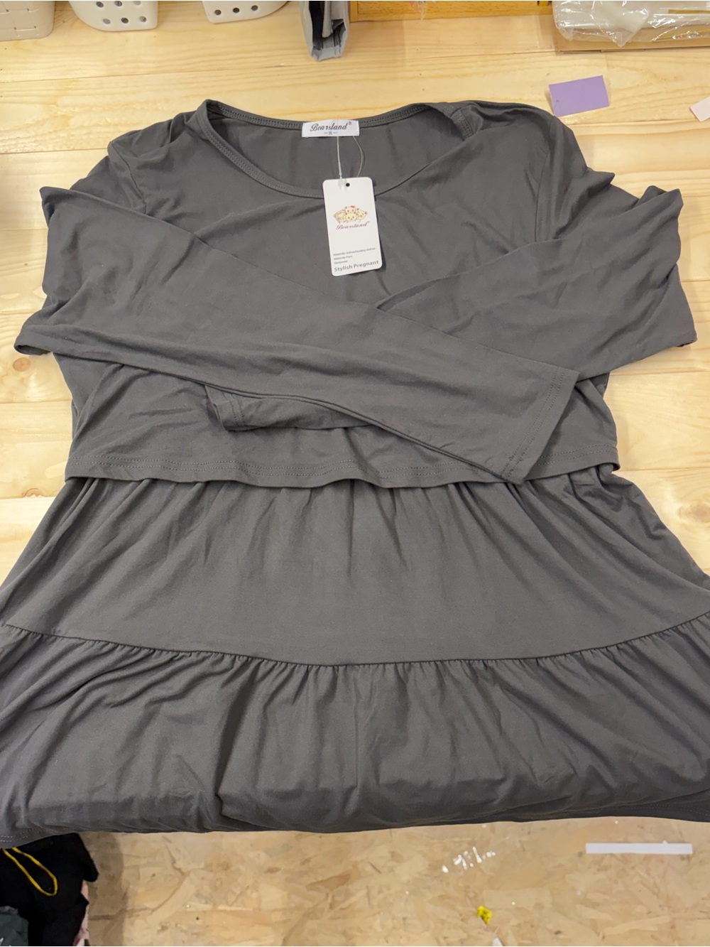 NWT: Bearsland Gray Long Sleeve Tiered Maternity & Nursing Top / Dress
